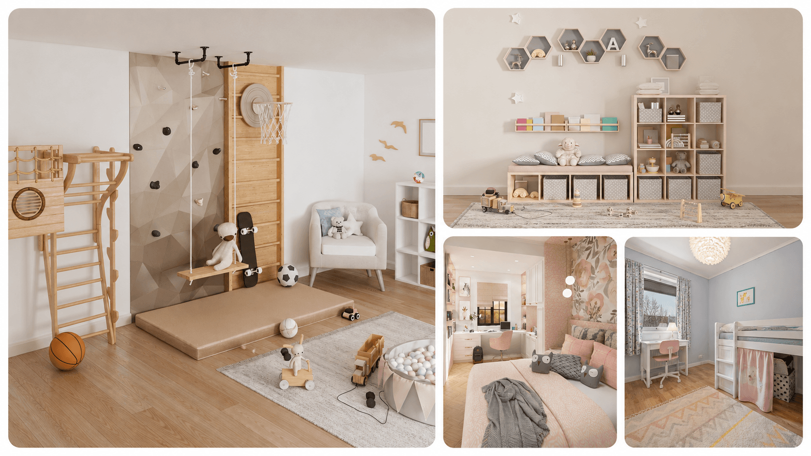 Premium Kubeplay children's interiors featuring play, storage, study and bedroom spaces